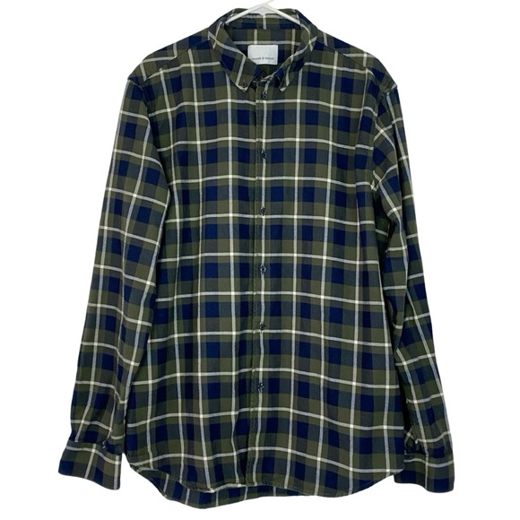 Samsoe Liam Flannel Button Down Shirt Mens Size XXL Green Navy Blue Plaid EUC - Picture 1 of 9